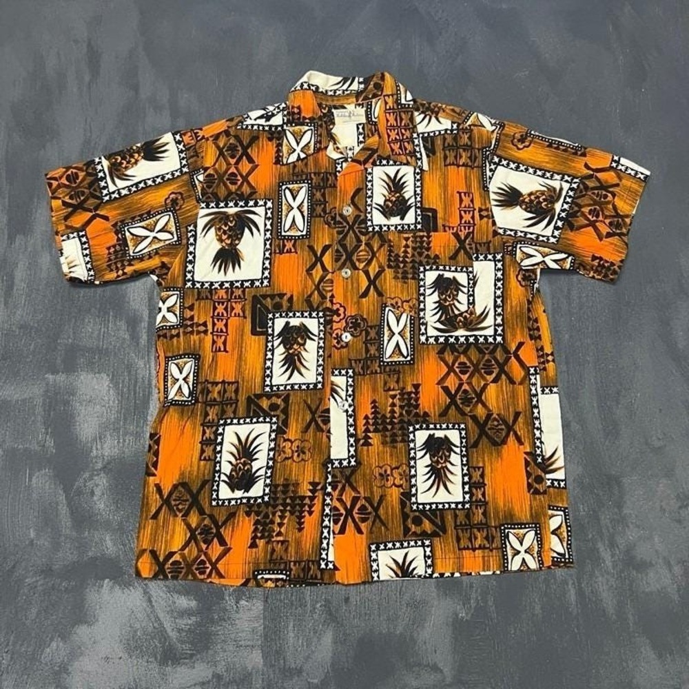 Vintage Hukilau Hawaiian Shirt Mens Large Orange 1950s Short Sleeve